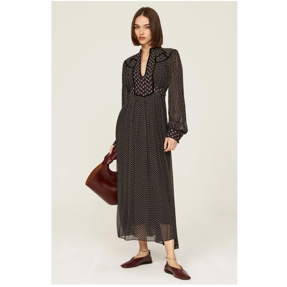 Sea New York Quilted Bib Floral Midi Dress Black Velvet Trim Long Sleeve Small